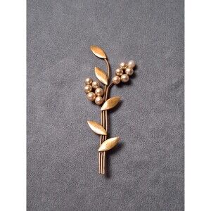 Vintage Tall Pearl Flower Brooch Brass Stylized